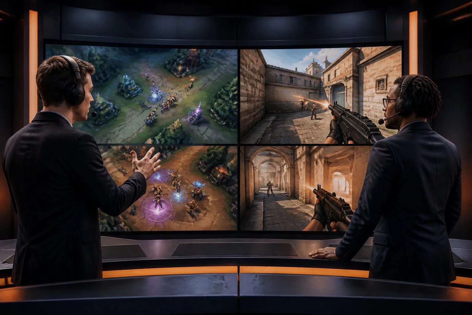 Competitive gaming team at a modern PC setup